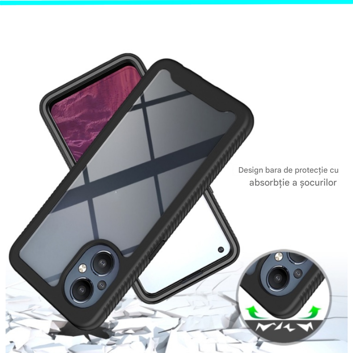 Husa pentru telefon cu protector de ecran incorporat, Carcasa protectie, protectie completa impotriva socurilor, pentru Oneplus Nord N20 5G, pentru OPPO Reno7 Z, Slimline, Rezistent la impact, Rezistent la cadere, Transparent, Negru
