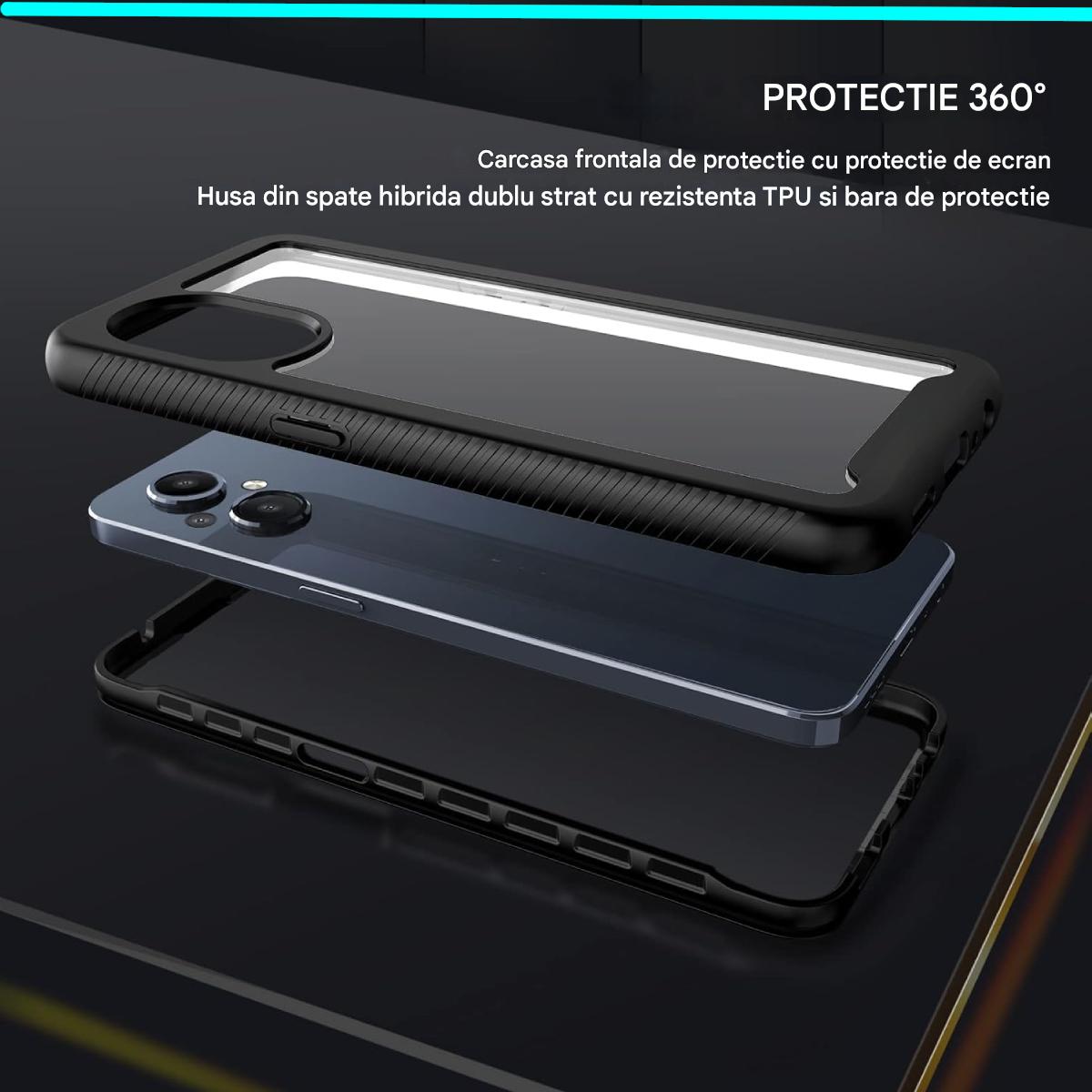 Husa pentru telefon cu protector de ecran incorporat, Carcasa protectie, protectie completa impotriva socurilor, pentru Oneplus Nord N20 5G, pentru OPPO Reno7 Z, Slimline, Rezistent la impact, Rezistent la cadere, Transparent, Negru