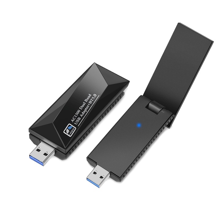 Безжичен адаптер, Axroad Mall, двулентов, WIFI 1300Mbps+Bluetooth 5.0, USB3.0 интерфейс, висока скорост на безжично предаване, силна способност против смущения, Plug and Play, за компютър/лаптоп/настолен компютър, черен
