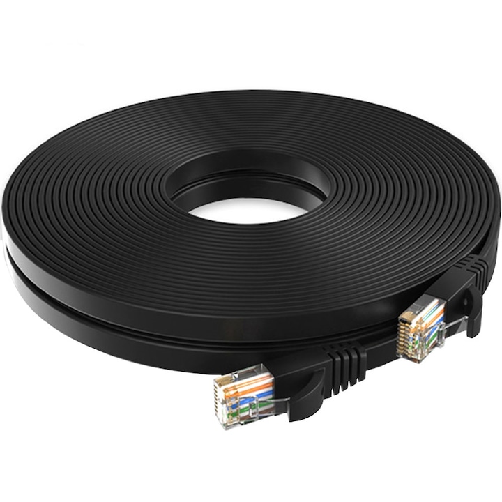 Cablu UTP Retea, GUIXUAN, Format Plat Flexibil Cat6, 10m Lungime Cablu Ethernet de Internet cu Mufa, Conector RJ45, Negru