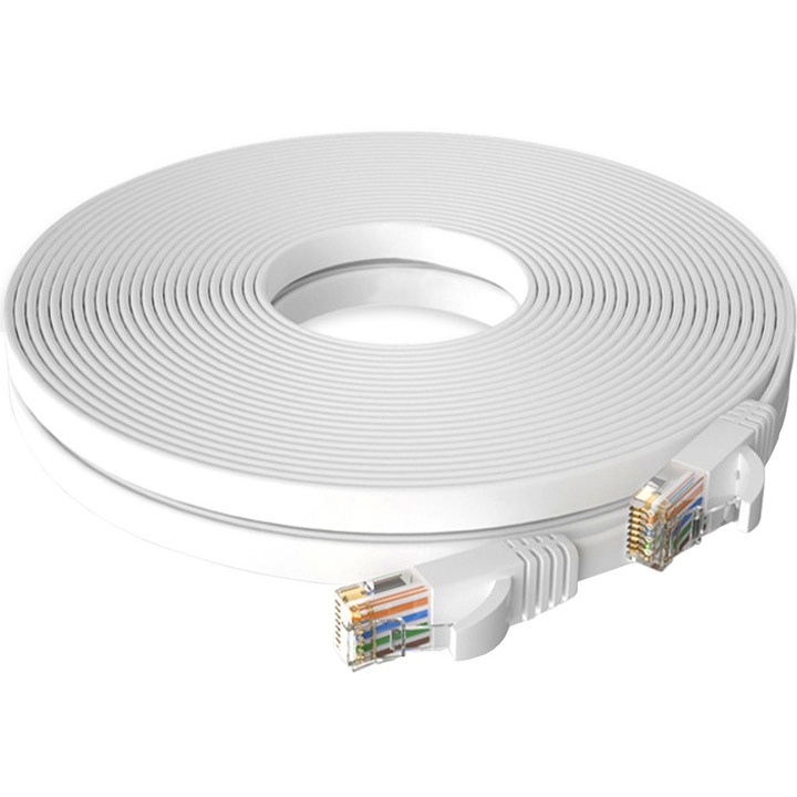 Cablu UTP Retea, GUIXUAN, Format Plat Flexibil Cat6, 10m Lungime Cablu Ethernet de Internet cu Mufa, Conector RJ45, Alb