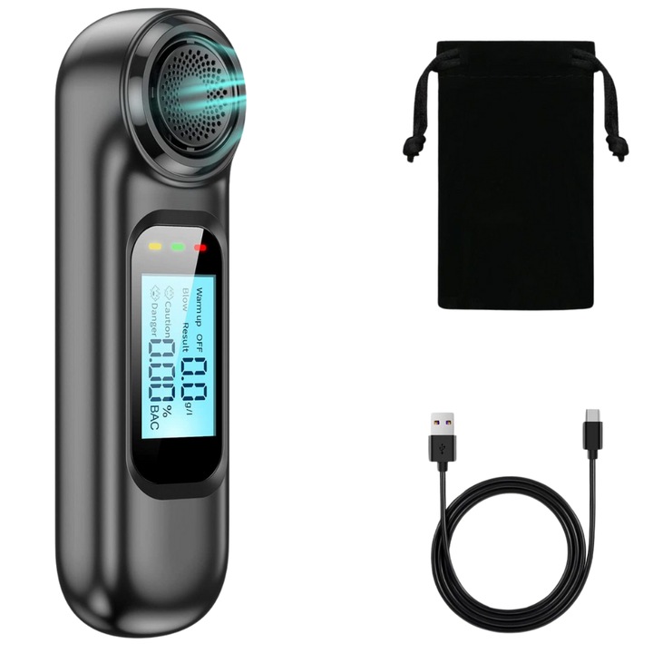 Безконтактен алкотестер HASEPE, Не са необходими резерви, Точност +/- 0,01% BAC, Цветен LCD дисплей, Автономност 300 теста, Индикатор за риск, Черен мат, 8x2x1,5 cm