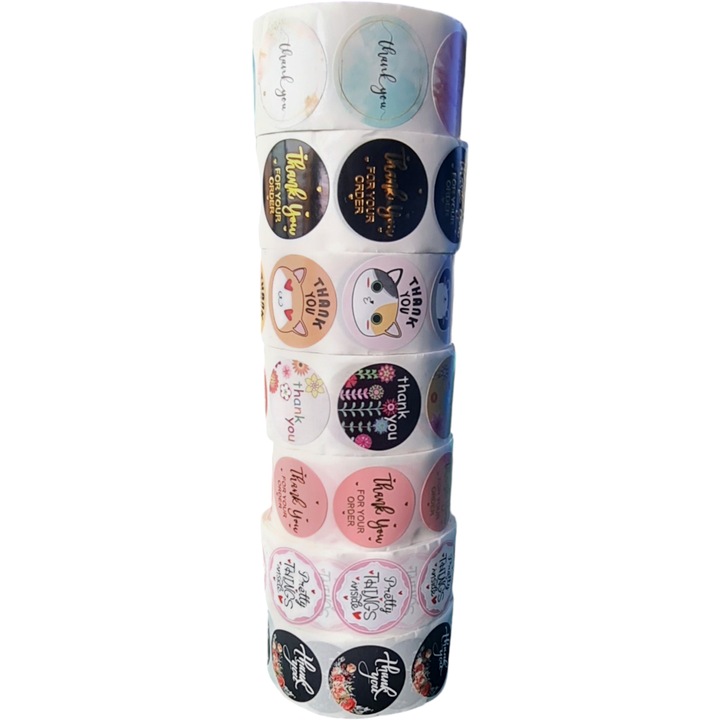 Set 7 role cu 500 stickere autocolante, StarFashion, 2.5x2.5 cm, rotunde, cu mesajul "Thank You", diverse modele, multicolor