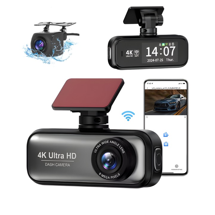 Двойна камера за кола 4K + 1080P Ultra HD, Premium, широк ъгъл на снимане от 170° отпред и 140° отзад, Wi-Fi, 24/7 наблюдение, 1 "97" дисплей, G-сензор, нощно виждане, откриване на движенията, мобилно приложение, висококачествен запис, черно