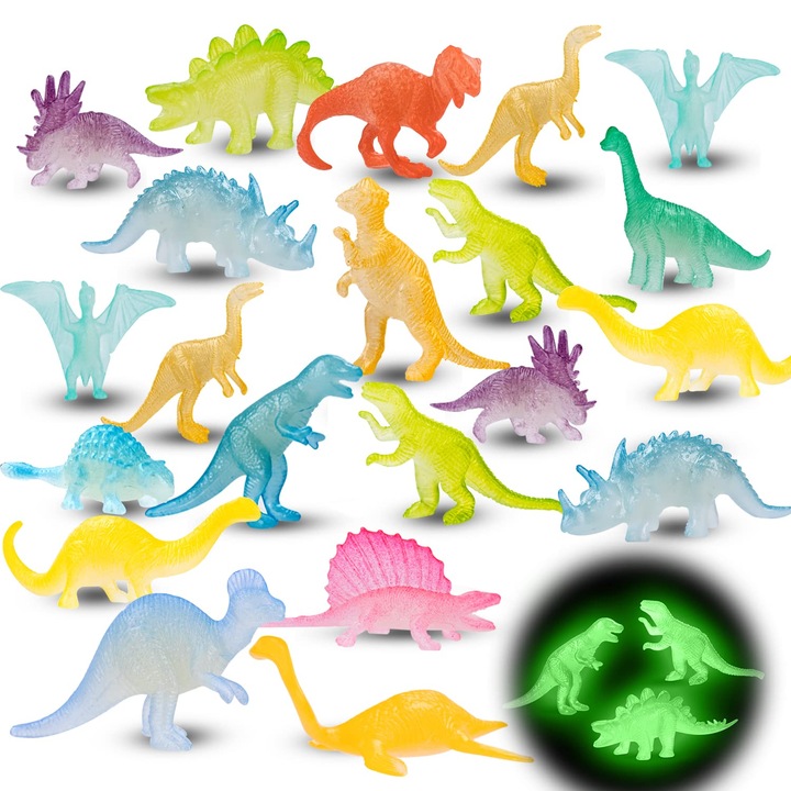 Teljes fluoreszkáló dino figura készlet 48 db, 16 típus, 2-3 hüvelyk, többszínű