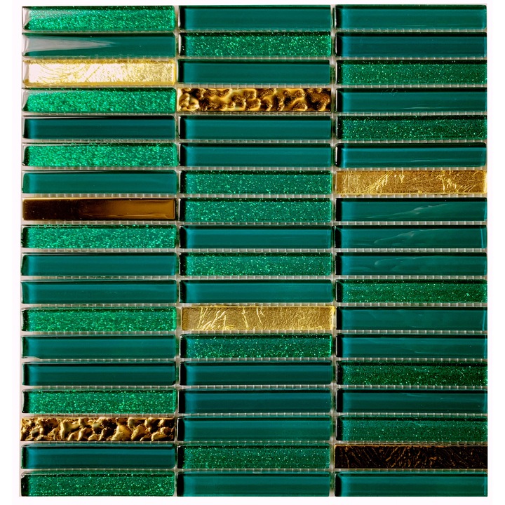 Mozaic din sticla moderna verde, faianta mozaic lucioasa, mozaic pentru living si baie cu elemente aurii "ALISEDA AGAT HARMONY" 30 x 30 cm, Englass