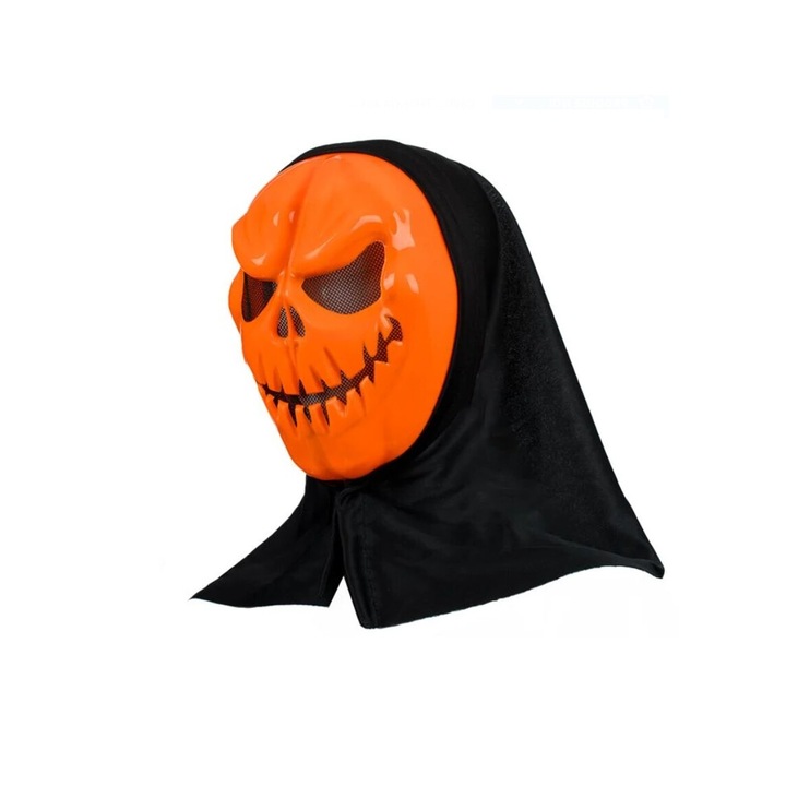 Tök témájú Halloween maszk, fogakkal és kapucnival, fekete narancssárga, poliészter műanyagból, univerzális méretben