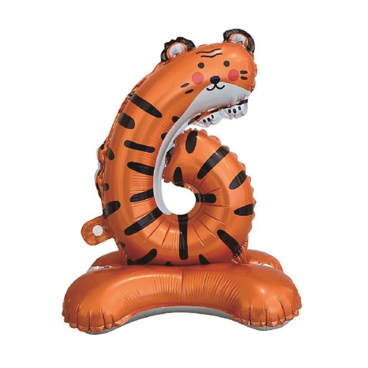 Balon party folie metalizata, portocaliu, 57×35 cm, tigru, cifra 6