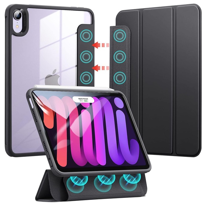 Защитно покритие flip cover за таблет съвместим с Apple iPad Mini 6 2021, Rebound Hybrid, магнитно закопчаване на стойката, екологична кожа, Черен-Прозрачен