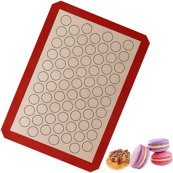 Covoras de copt din silicon 100% Food-Safe, Vala® MACARONS, Antiaderent, Reutilizabil, Termorezistent, 42x30cm, Alb/Rosu