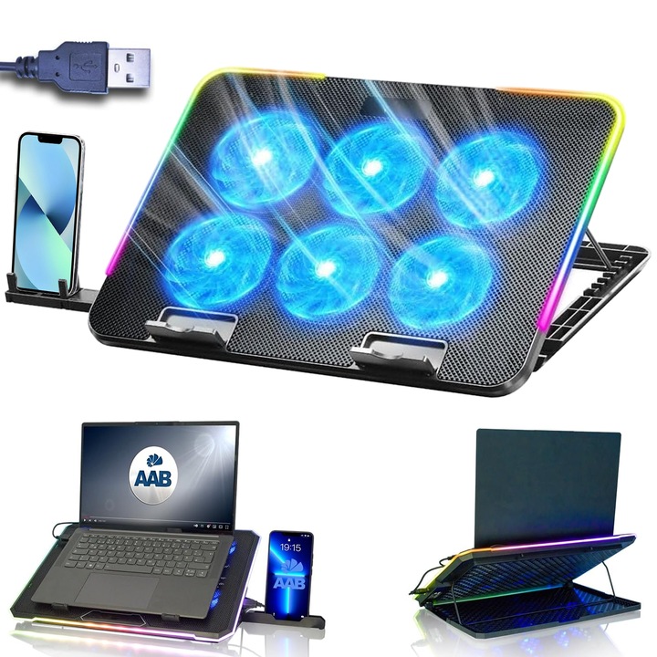 Cooler Laptop, JFYU, 6 Ventilatoare Stand Cooler pentru Laptop, 2 Porturi USB, RGB, Viteza Reglabila a Vantului, cu 8 Trepte de Inaltime, Antialunecare, Disiparea Caldurii, 18 inch, Negru