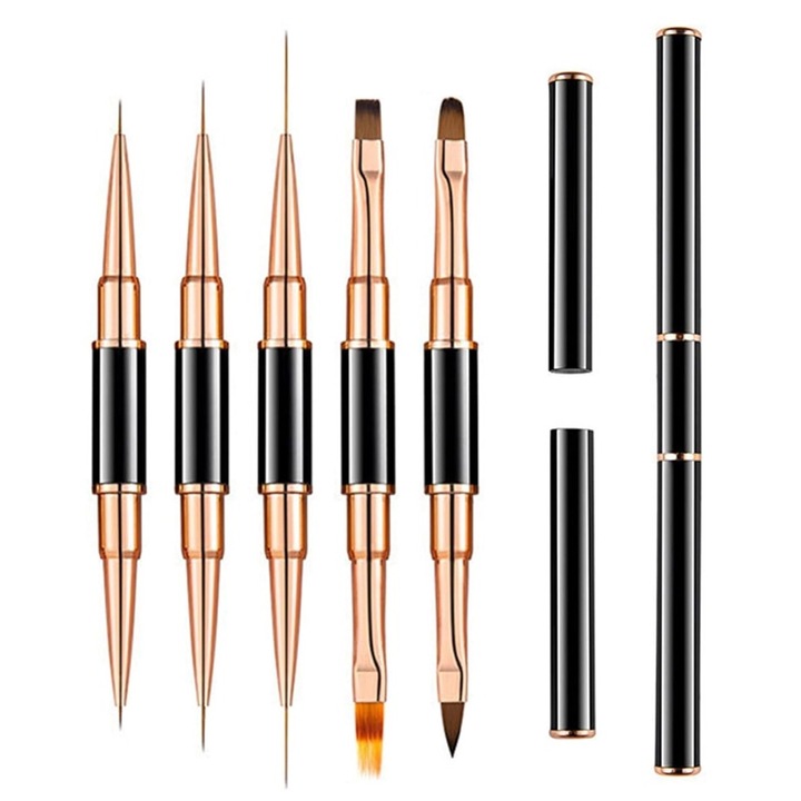 Set 5 pensule pictura unghii, LXNZUHN, design cu capete duble, metalice, negru