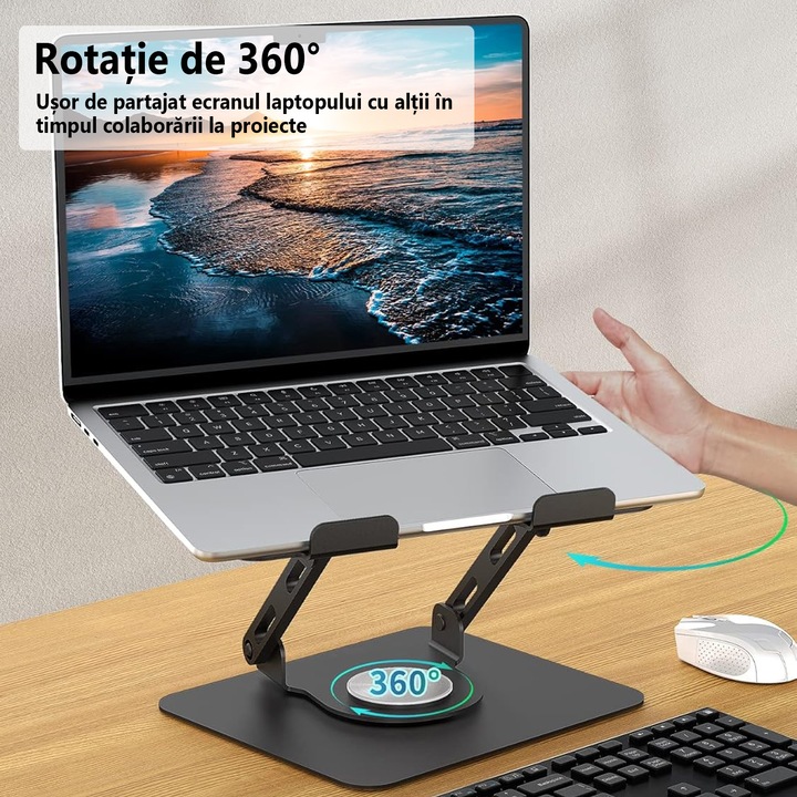 Suport pentru Laptop, JFYU, Suport Laptop Reglabil pe Inaltime, Aliaj de Aluminiu, Rotire 360°, Non-Alunecos, Pliabil, Portabil, Detasabil, Laptopuri de Pana la 17 inch, Pentru Laptopuri, Tablete, Negru