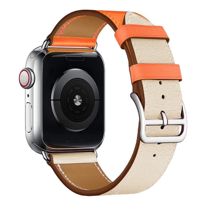 Кожена каишка Colorblock, съвместима с Apple Watch Band 42/44/45/49MM, тънка горна кожена каишка за жени и мъже, съвместима с iWatch Series Ultra 2 SE 10/9/8/7/6/5/4/3 /2/1, портокал