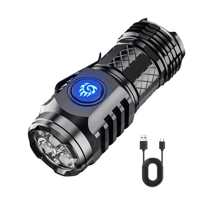 LED фенерче, Axroad Mall, 5 светлинни режима, Водоустойчив и устойчив на износване, Дълъг живот на батерията, Тип-c зареждане, Лесен за използване, За къмпинг, пътуване, риболов, ABS, Черен