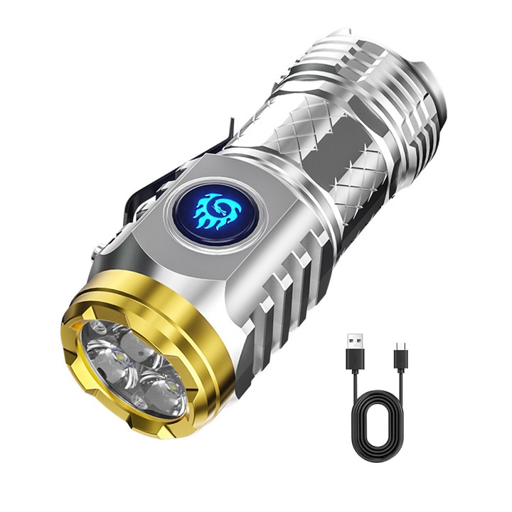 Мини LED фенерче, Axroad Mall, 5 светлинни режима, Водоустойчив и устойчив на износване, Дълъг живот на батерията, Тип-c зареждане, Лесен за използване, За къмпинг, пътуване, риболов, ABS, Сребрист