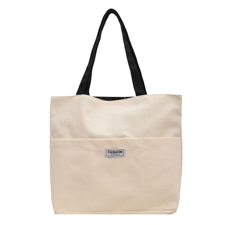 Nagyméretű női vászontáska, Jormftte, 2 elülső zsebbel, fehér, nagy méret