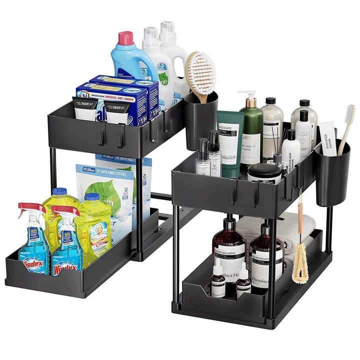 Комплект от 2 органайзера за гардероб, Axroad Mall, С кукички и чаша за окачване, Дизайн с голям капацитет, Плъзгащо се място за съхранение, Лесен за инсталиране, За баня кухня, ABS/пластмаса, черен