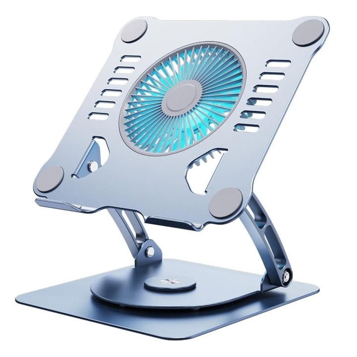 Suport pentru Laptop, JFYU, Suport Laptop Reglabil pe Inaltime, Aliaj de Aluminiu, Ventilator Mare Reglabil in Trei Trepte, Rotire orizontala de 360 ​​de grade, Non-Alunecos, Pliabil, Laptopuri de Pana la 17 inch, Pentru Laptopuri, Tablete, Albastru-Gri