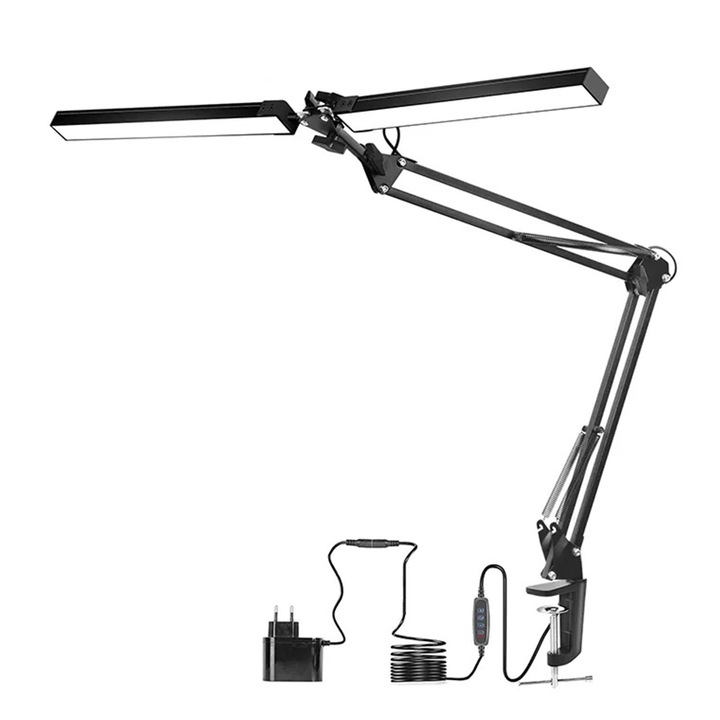 Lampa de birou LED, Axroad Mall, Brat Oscilant cu Clema, Cap rotativ 360°, 160 Led-uri, 1300lm, 3 Moduri de Iluminare, 10 Trepte de Intesitate, Protectia ochilor si functie de memorie, Pentru Arhitect, Birou, Dormitor Citire, Aluminiu, Negru