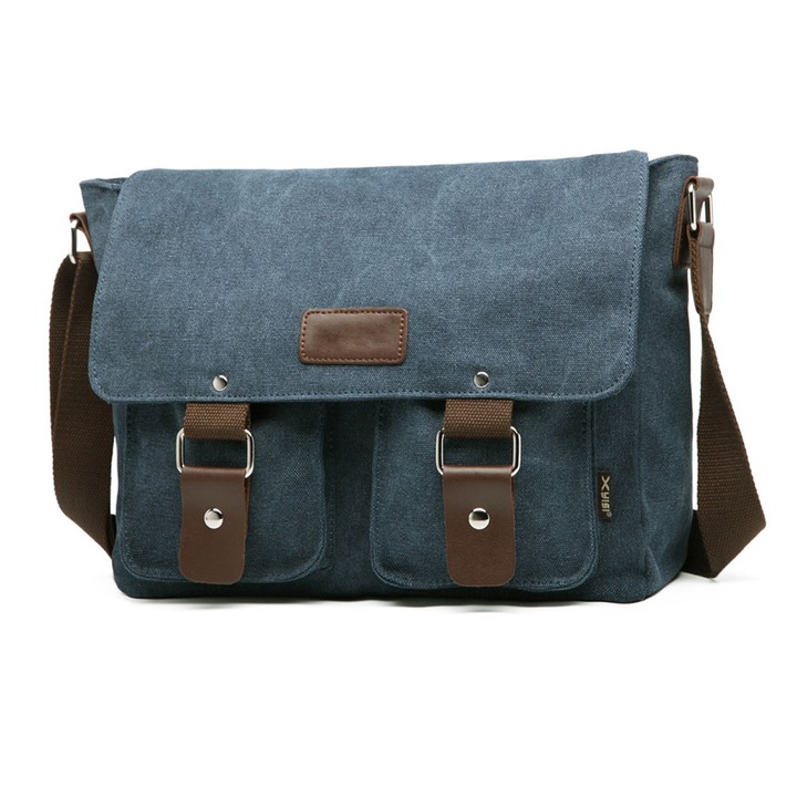 QttvbTna válltáska, vászon, kék/barna, 33,78x9x26,97 cm