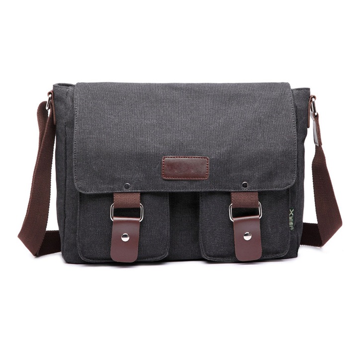 Férfi futártáska, BGHYHYHI, vászon, vintage, 34 x 27 cm, fekete