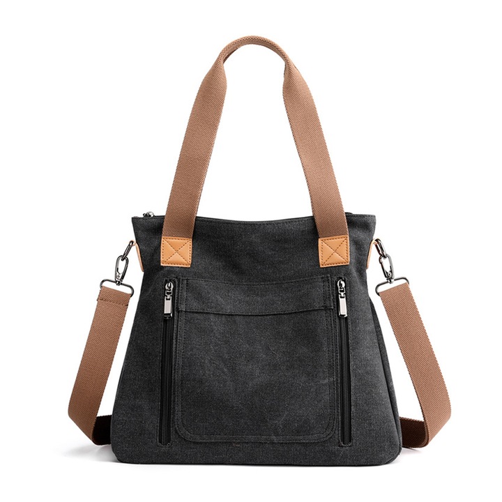 Női táska, QttvbTna, vászon, állítható vállpánt, 32x12x35cm, fekete/barna