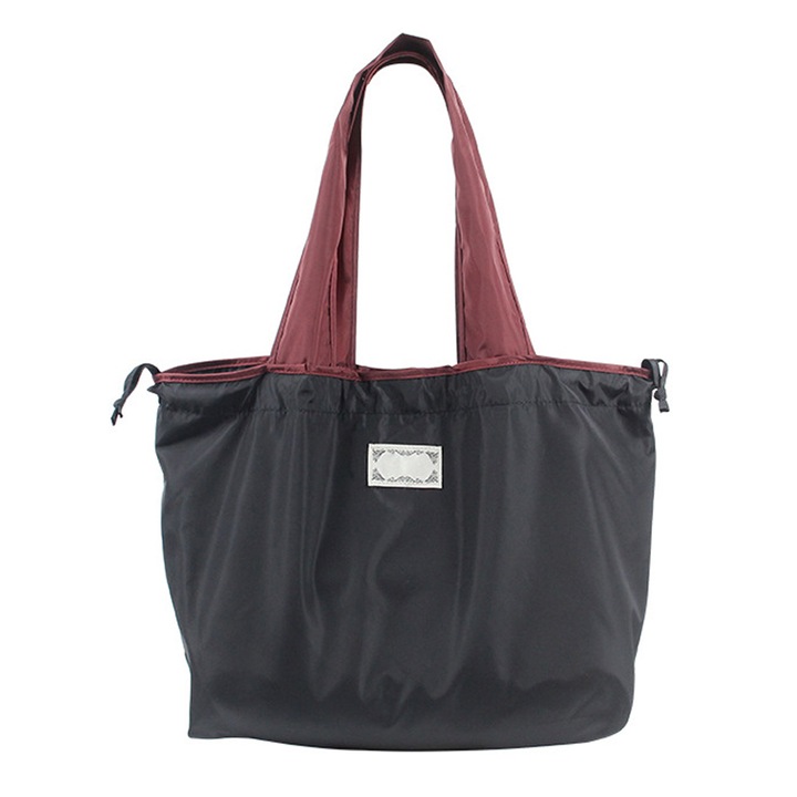 Jormftte válltáska, túlméretezett modell, fekete, tömör anyagból, húzózsinóros kialakítás, vásárláshoz és utazáshoz