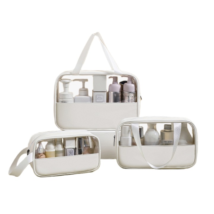 Set 3 Geanta Cosmetice, Portfard, Geanta Machiaj, Alb, Design Transparent, Rezistent La Apa, Portabil, Potrivit Pentru Depozitarea Produselor Cosmetice, Articolelor de Toaleta si Necesitatilor Zilnice, Usor de Curatat