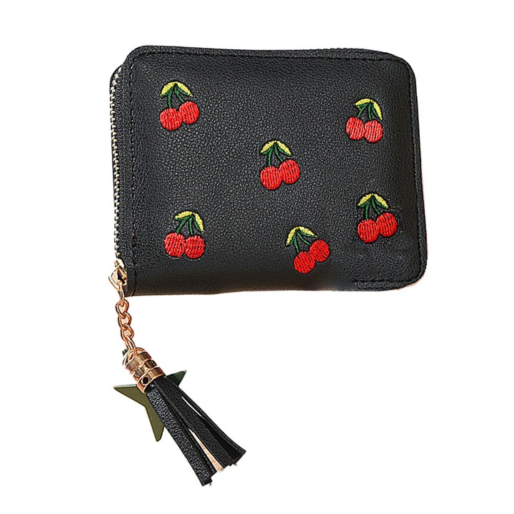 BGHYHYHI Мини портфейл от еко кожа за момичета, черен дизайн с цип, 11x9 см