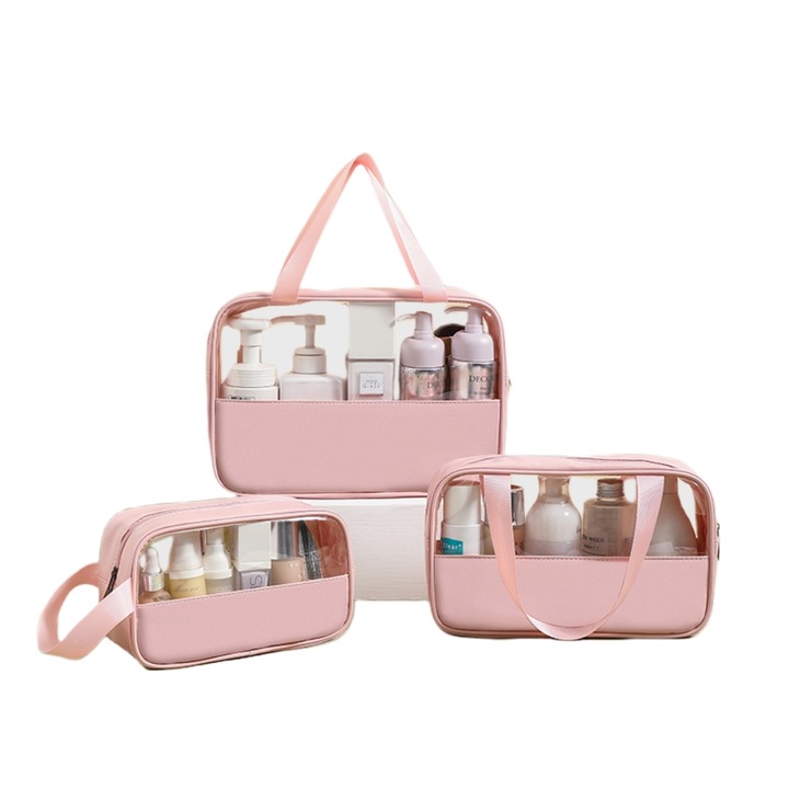 Set 3 Geanta Cosmetice, Portfard, Geanta Machiaj, Roz, Design Transparent, Rezistent La Apa, Portabil, Potrivit Pentru Depozitarea Produselor Cosmetice, Articolelor de Toaleta si Necesitatilor Zilnice, Usor de Curatat