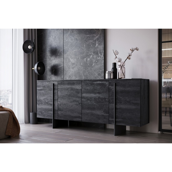 Comoda, Bogart, Larena, 200 x 45 x 87 cm, Cu 3 Rafturi, Cu 4 Usi, PAL/HDF, Negru/Beton