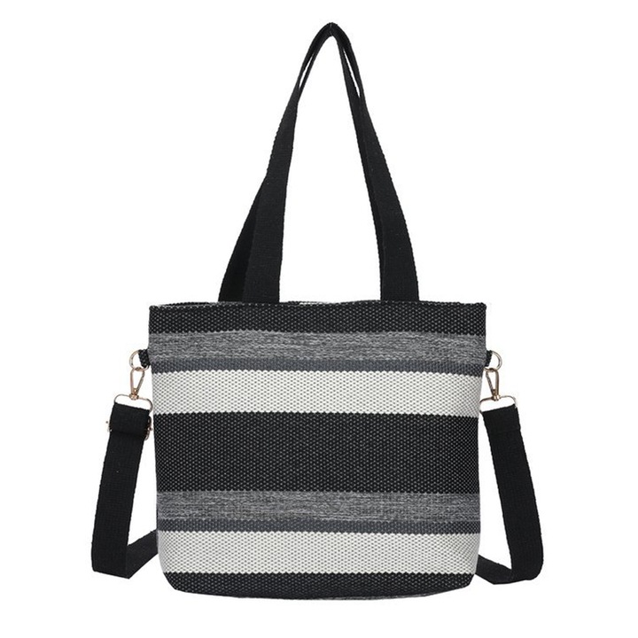 Női válltáska, csíkos mintás, nagy kapacitású, poliészter, fekete