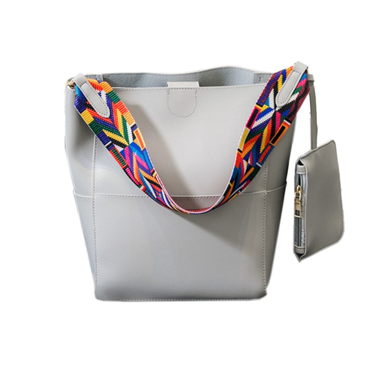 Női bőr táska, vödör fazon, széles pánt, szürke, állítható szett