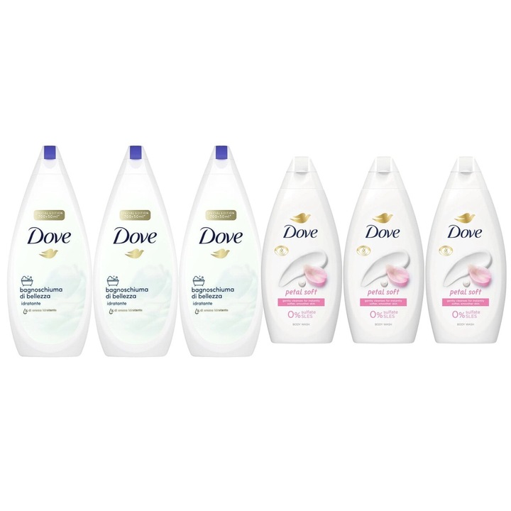 Dove Hygiene Set 6 x Components, 3 x пяна за вана 750 ml оригинал, 3 x душ гел 450 ml petal мек, дерматологично тестван, дълготрайна свежест, деликатен за скалпа, нетоксичен, екологичен, блестящ външен вид, предпазва от кожни раздразнения, pH балансирано