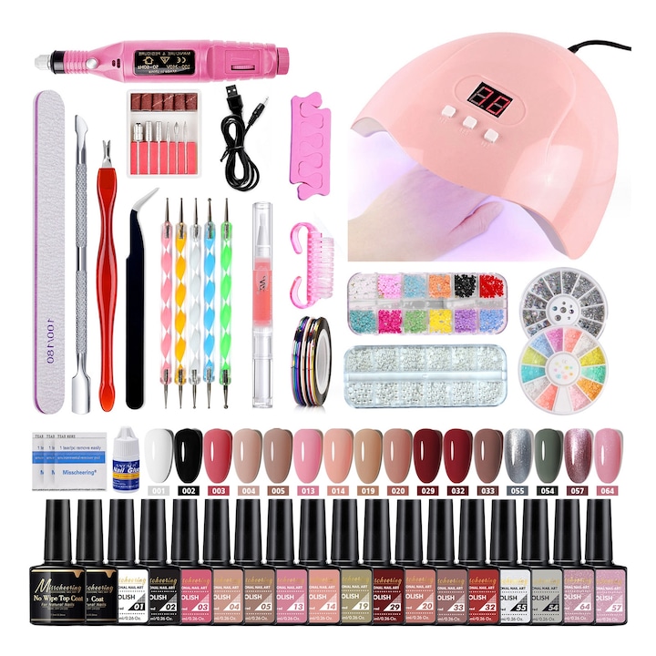 Комплект гел за маникюр от 40 части, LXNZUHN®, с UV LED лампа, 18 цветни гела, 15 ml, аксесоари, многоцветен, 22x19x16.5cm