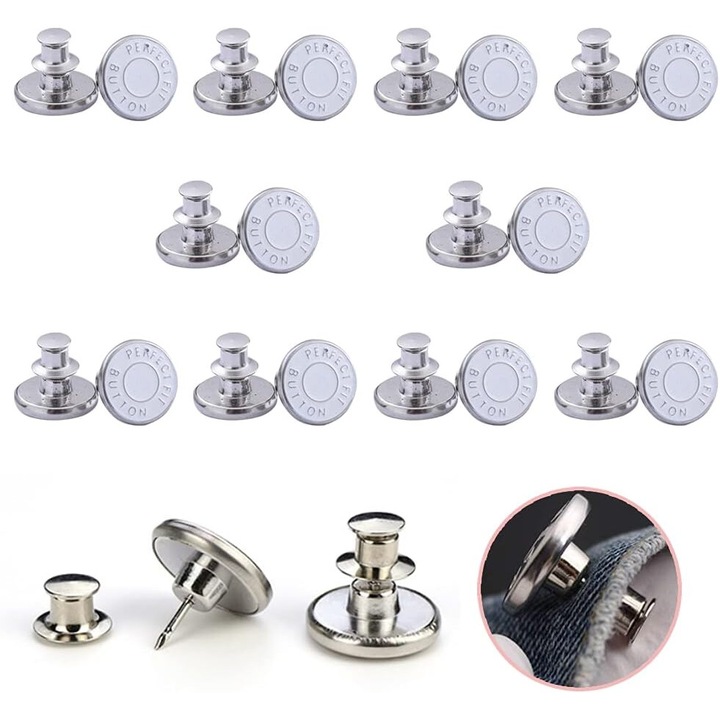 Set de 10 bucati de butoane pentru blugi, nu este nevoie de cusut, buton de blugi de 17 mm, butoane pentru pantaloni pentru blocare, butoane de blugi DIY pentru a face pantalonii mai stransi, pentru a extinde sau micsora dimensiunea pantalonilor (argint)