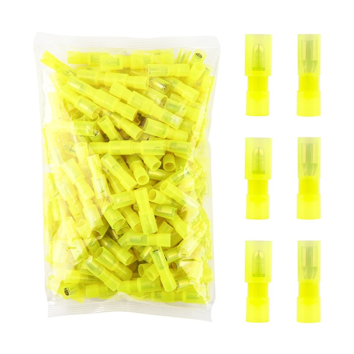 Set 200 terminale de sertizare, JZRO, conectori electrici izolati, Tip glont, Nailon, galben,12-10AWG, Terminale izolate mama, Terminale izolate tata