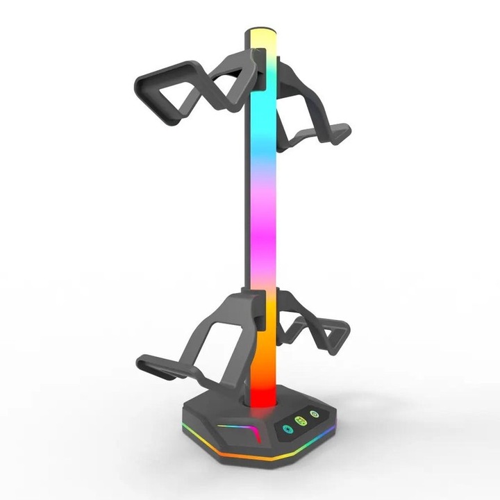 Suport casti RGB cu 4 moduri de iluminare, suport controlere cu 2 USB si 1 Type-C, accesorii gaming, compatibilitate PC si laptop