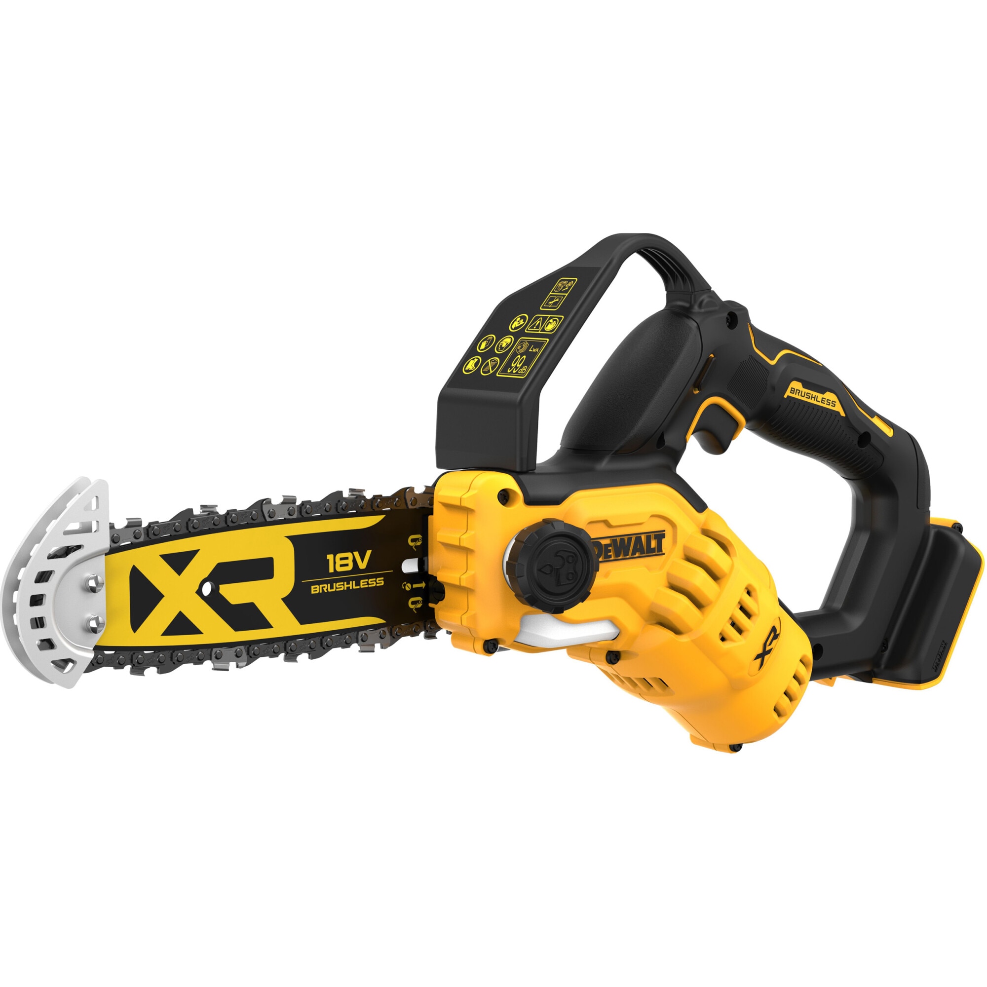 Drujba (fierastrau electric) cu lant pe acumulator DeWALT DCMPS520N, 18V XR, motor fara perii, lungime lama 20 cm, viteza lant 8.6 m/s, grosime maxima taiere 15 cm, lubrifiere ulei