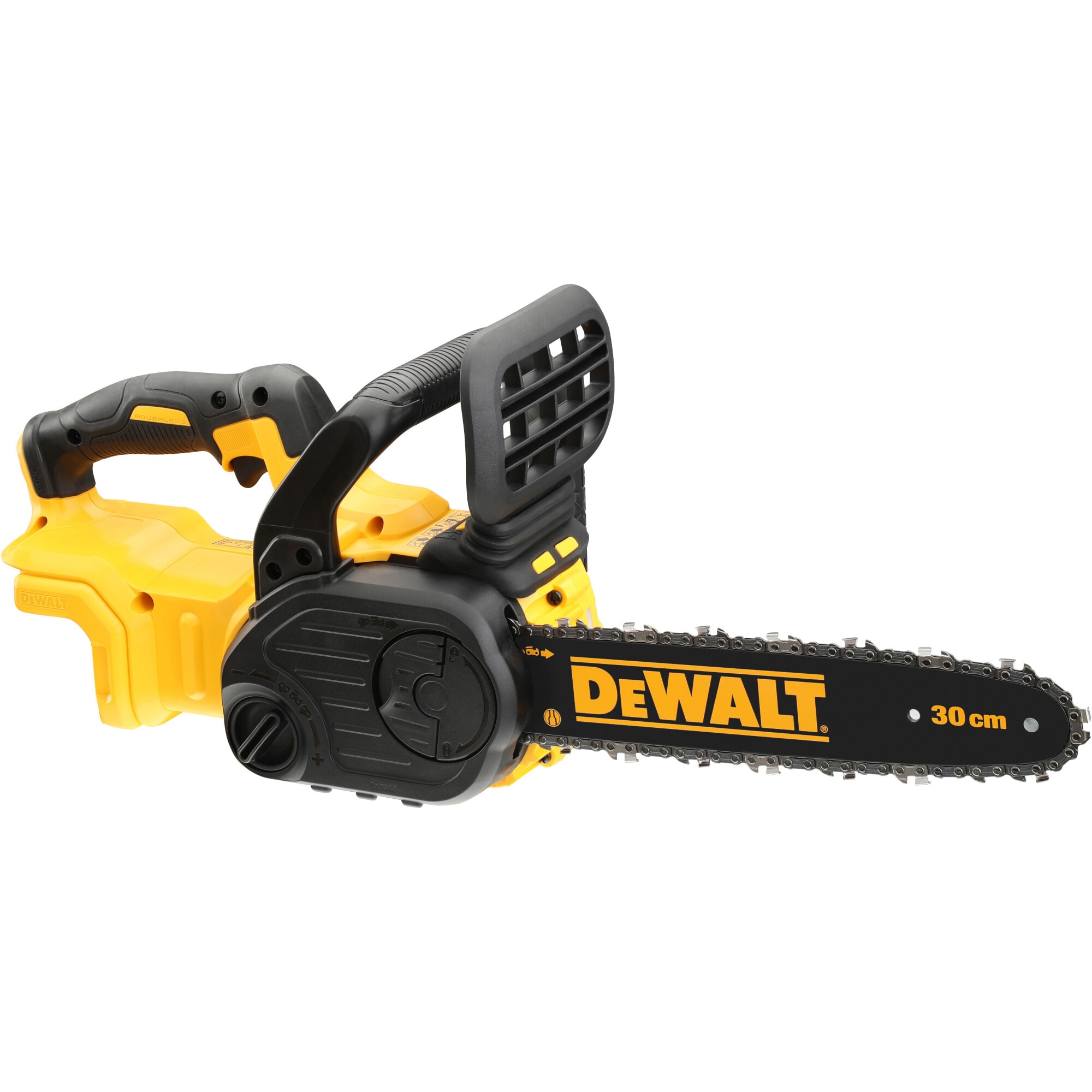 Drujba (fierastrau electric) cu lant pe acumulator DeWALT DCM565N, 18V XR, lungime lama 30 cm, viteza lant 7.7 m/s, grosime maxima taiere 26 cm,motor fara perii, lubrifiere ulei au