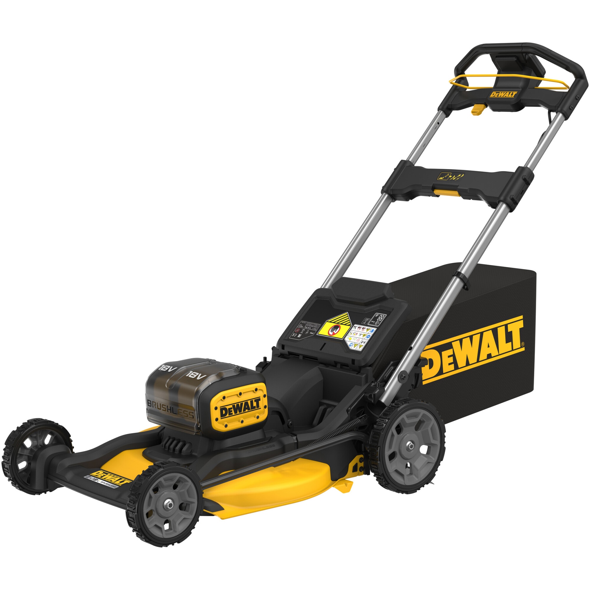 Masina de tuns gazon/iarba pe acumulator DeWALT DCMWP134N, 2 x 18V XR, motor fara perii, latime taiere 53 cm, inaltime taiere 25-102 mm, 6 trepte de taiere, 2 lame, functie 3 in 1, cos colector 67 L, include: incarcator + 2 acumulatori 18V 8.0 Ah