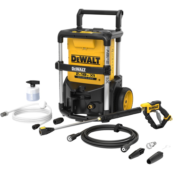 Aparat de spalat cu presiune profesional portabil pe acumulatori DeWALT DCMPW1600N, motor fara perii, 2 x 18V XR, pompa din aluminiu, autonomie maxim 63 minute, accesorii incluse, fara incarcator si acumulator in setul de livrare