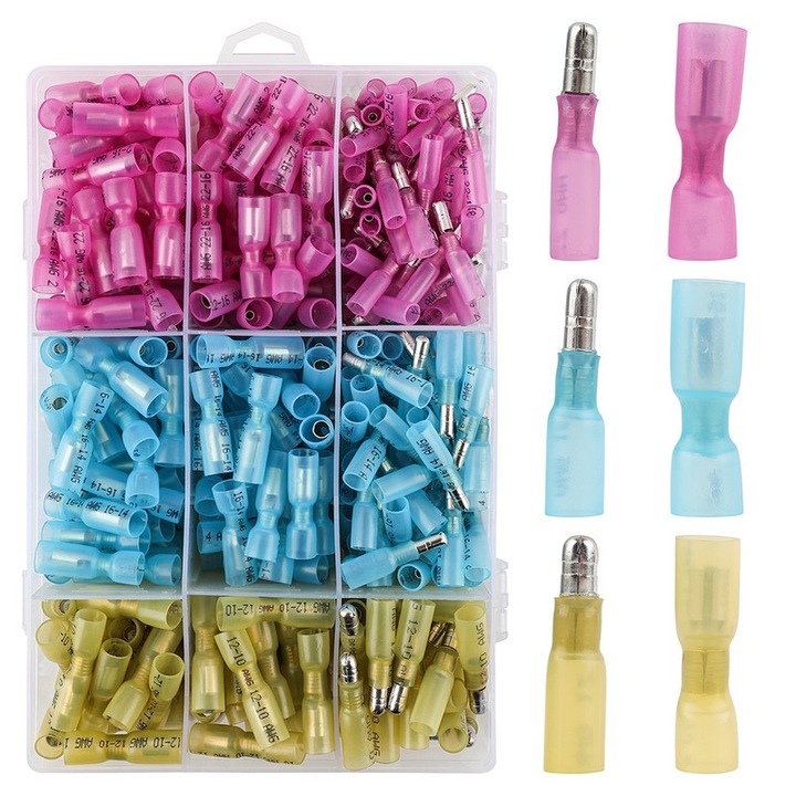 Set 400 conectori termocontractabili pentru, Terminale tip glont Mama si Tata, JZRO, Raport Contractie 3:1, AWG 22-10, pentru proiecte auto, marine