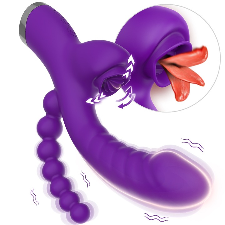 Вибратор FairyKiss®, 3 в 1, С езиче, Стимулация на клитора, G-точка и аналната област, Реалистично усещане, USB зареждане, Водоустойчив, Лилав