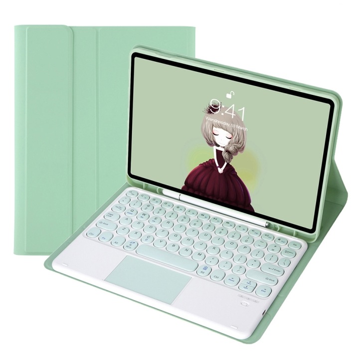 Husa cu tastatura compatibila iPad cu textura care simuleaza pielea de culoare dulce, control tactil, tastatura Bluetooth detasabila cu taste rotunde, compatibila cu iPad 97 inch 2018 si 2017, Pro 97