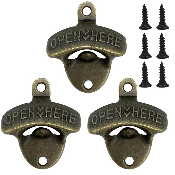 3db falra szerelhető sörnyitó készlet, antik bronz, 6,3cm x 7,8cm