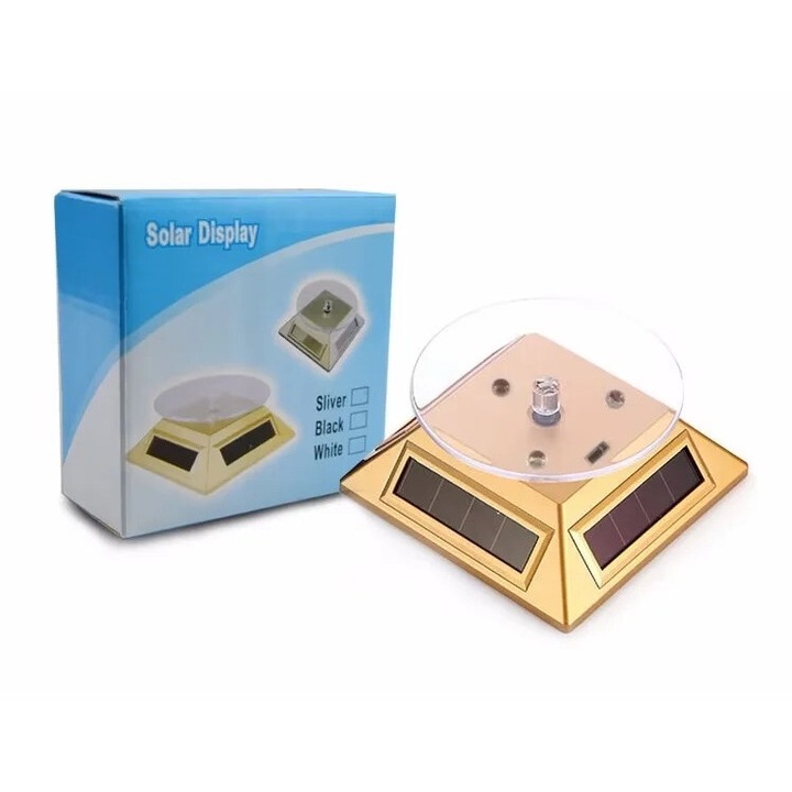 Suport rotativ solar pentru bijuterii cu LED, 360 grade, culoare aurie, dimensiuni 10x10x4.5cm