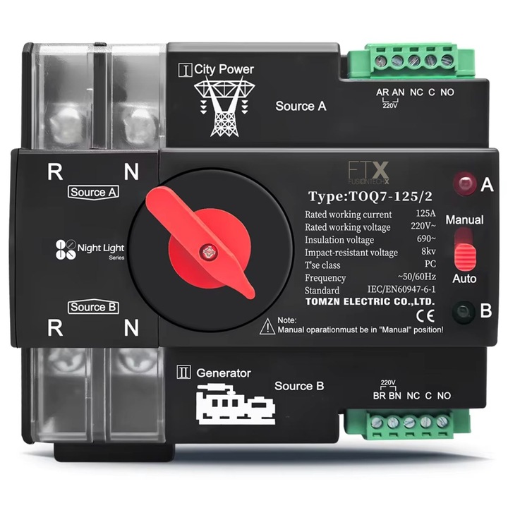 Comutator de transfer automat, monofazat, de putere dubla, pe sina DIN, 220V 230V ATS 2P 100A, FusionTechX®