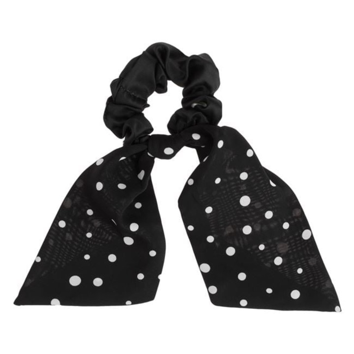 Antbro® szatén hatású fekete hajgumi fehér pöttyökkel és szalagokkal